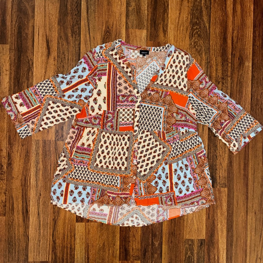 Jones & Co Jones New York Patchwork Boho Babydoll Top Orange Blue 1X